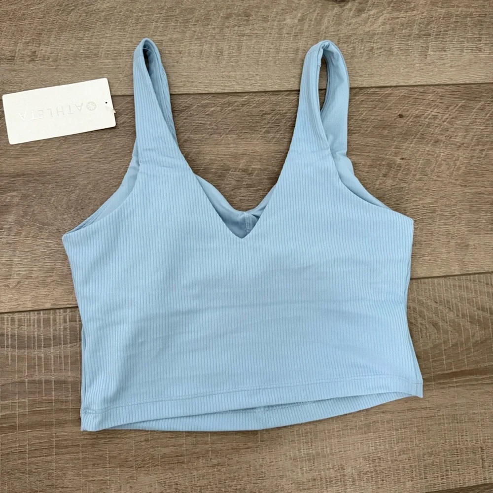 NWT Athleta Transcend V Neck Rib Crop Sports Bra A-C Small Heron Blue - Picture 7 of 11